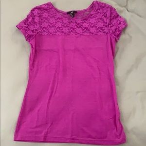 Bright purple tee with lace shoulder